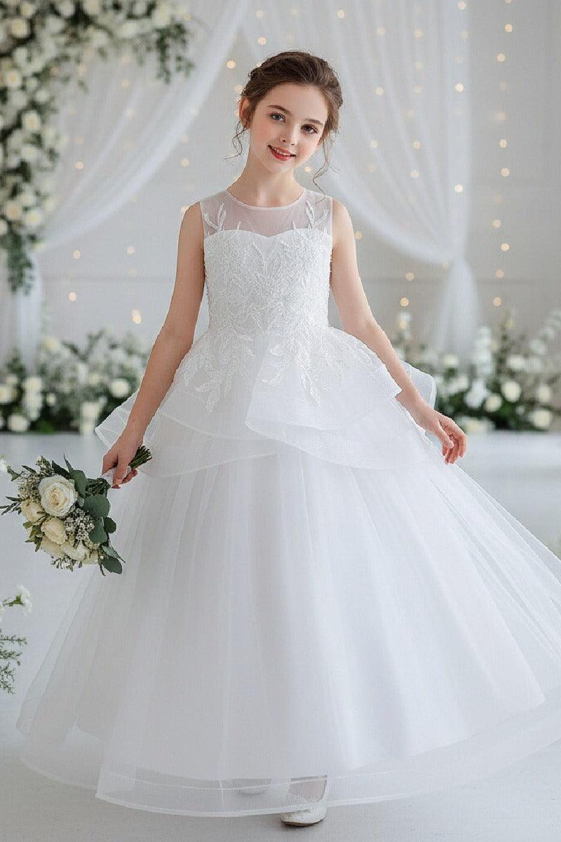 A-Line Illusion Neck Floor Length Tulle Organza Flower Girl Dresses 1062135888325 - 7 Days / White / 120cm - COCOMELODY